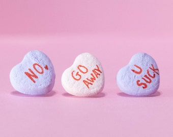 Custom Conversation Heart Stud Earrings | Valentine's Candy | Vday 2022 Gift For SO, Girlfriend, Boyfriend, Partner | Go Away, No., U Suck