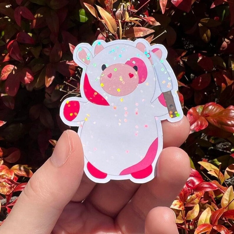 Squishy Plush Inspired Pink Cow With Knife Sticker | Holographic or Glossy Finish | Sparkly Rainbow Sticker For Squish Plush Cow Lover 