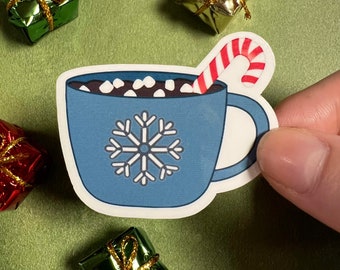 Hot Chocolate Mug Sticker | Hot Cocoa with Peppermint Candy Cane | Winter Holiday Christmas Sticker | Water-Resistant For Laptop And More