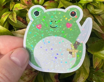 HOLOGRAPHIC Squishy Plush Inspired Heart Cheek Green Frog With Knife Sticker | Sparkly Holo Rainbow Sticker For Squish Plush Collector HTF