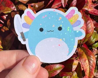HOLOGRAPHIC Squishy Plush Inspired Blue Pastel Axolotl With Knife Sticker | Sparkly Holo Rainbow Sticker For Squish Plush Collector HTF