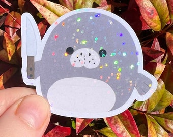 HOLOGRAPHIC Squishy Plush Inspired Gray Seal With Knife Sticker | Sparkly Holo Rainbow Sticker For Squish Plush Collector HTF