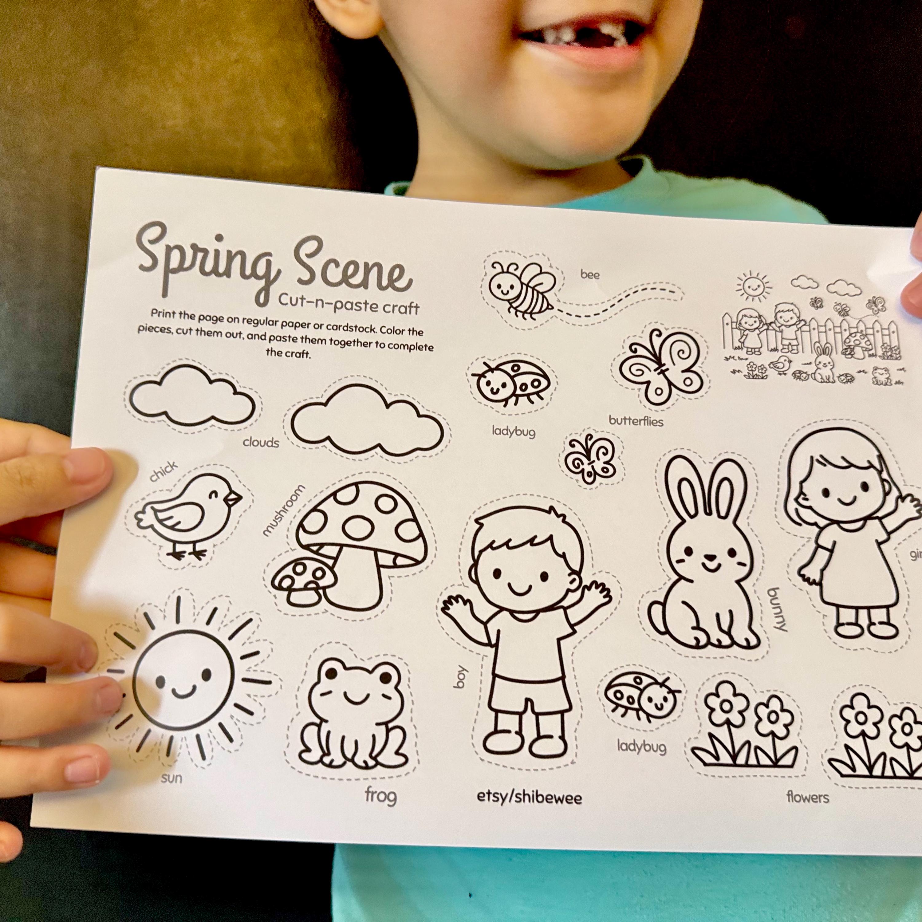 Spring Scene Printable, Preschool Craft Worksheet, Black and White Kids ...
