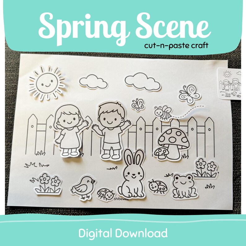 Spring Scene Printable, Preschool Craft Worksheet, Black and White Kids ...