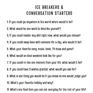 Op de afbeelding: Een wit document met de titel ICE BREAKERS & CONVERSATION STARTERS in zwarte tekst, met een genummerde lijst van 15 vragen over onderwerpen zoals reizen, vaardigheden, favoriete media, levensmomenten, wensen en persoonlijke voorkeuren.