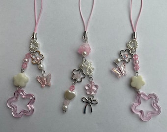 Pink Phone Charm, Cute Phone Strap with Coquette Bows, Stars, Pearl Hearts, Kpop Binder Charm, Phone Keychain Charm, Charm - Free Shipping