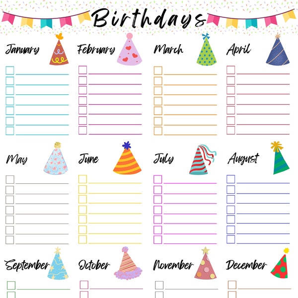 Lista de cumpleaños PDF, Calendario de cumpleaños imprimible, Rastreador de cumpleaños, Lista de cumpleaños, Organizador de cumpleaños, Calendario de cumpleaños, Recordatorio de cumpleaños