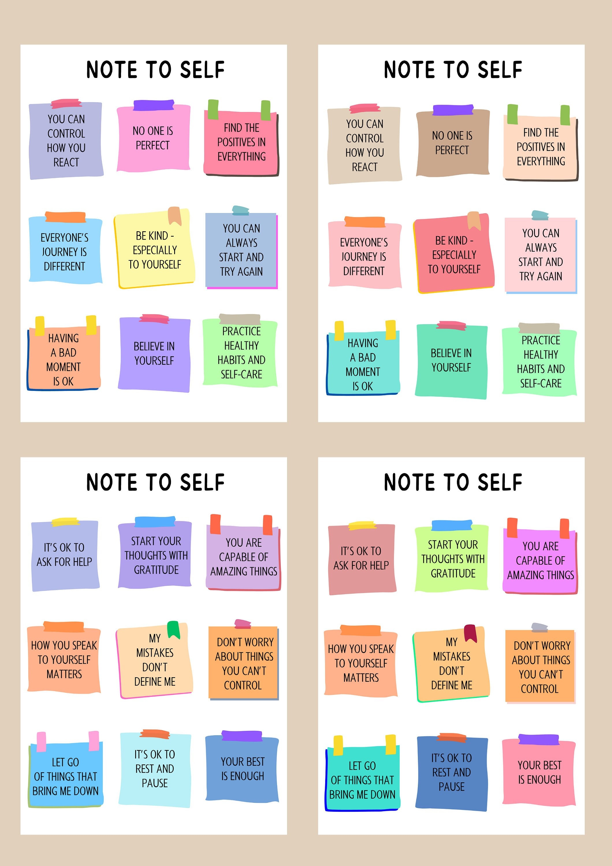 Note to Self Reminders, Positive Self Care Notes, Self Love Affirmations, Self Encouragement, Good Vibes Post-it Notes, Post it Reminders