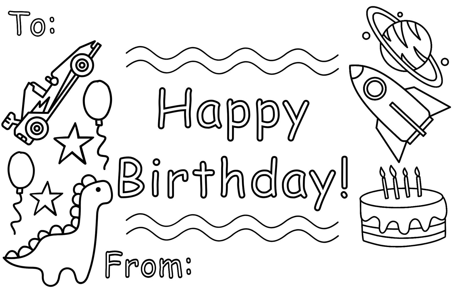 Printable Kids Birthday Card DIY Coloring Card Car, Rocket, Dinosaur