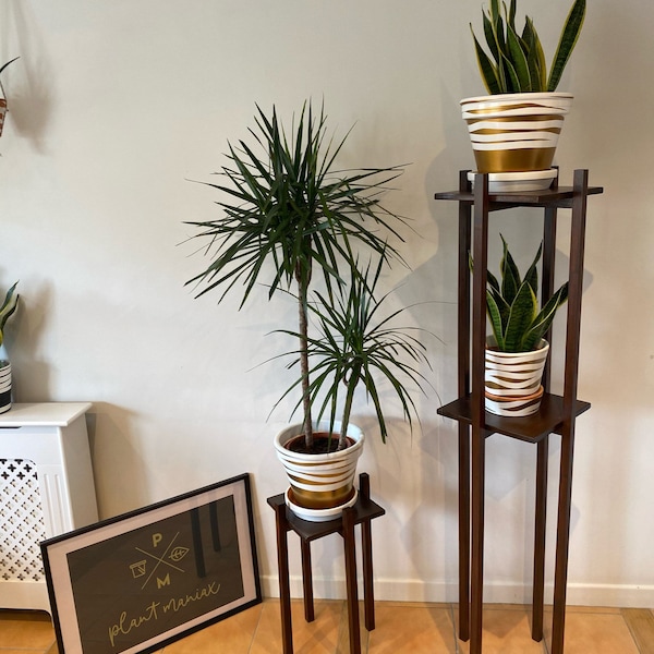 Plant pot Stand - wood Plant Stand - Hand made in Uk in solid wood - Tall plant stand with Two tier mid century in walnut or other colors