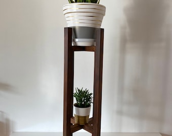 Solid Plant Stand in Seasoned dark walnut color  Hand Made with double tier up to 110 tall with your choice of size and colours available