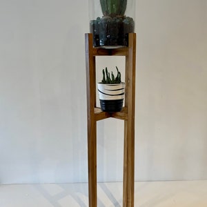 May include: A wooden plant stand with two shelves, featuring a cactus in a glass container on the top shelf and a smaller cactus in a white and black patterned pot on the bottom shelf.