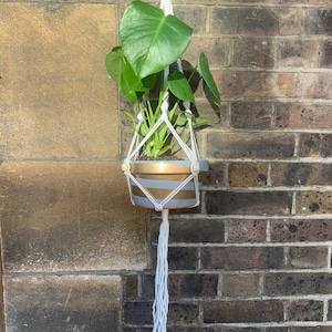May include: A white macrame plant hanger with a gold and white striped planter holding a green plant. The hanger is hanging from a brick wall.