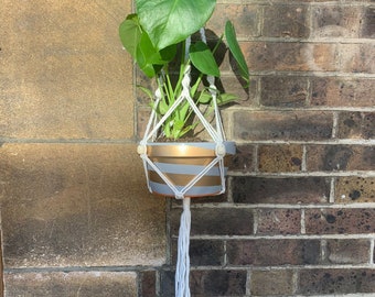 Macrame pot holder in white with ivory beads planter hanger Hand made in Uk bohemian decor of pot size design and colours painted