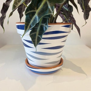 Può includere: Un vaso di ceramica bianco con un motivo a strisce blu e grigio. Il vaso ha un sottovaso abbinato ed è riempito con una pianta verde a foglie.