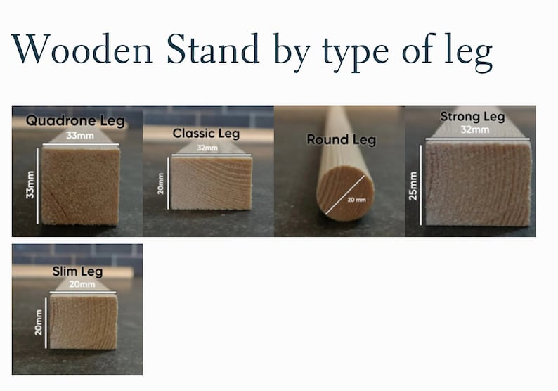 Może przedstawiać: Pięć r&oacute;żnych drewnianych n&oacute;g do stojaka, każda o innym kształcie i rozmiarze. Nogi są oznaczone jako "Quadrone Leg", "Classic Leg", "Round Leg", "Strong Leg" i "Slim Leg". Każda noga jest mierzona w milimetrach.