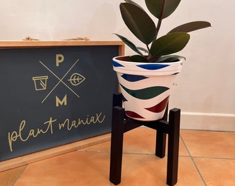 Handgemachter Blumentopfständer aus Holz - Mid Century Modern, Eiche dunkel