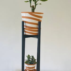 Plant Pot Stand  Wood Stand Planter  Holder in Round leg stand with Two Tier stand in Solid Wood Hand Made in UK mid century  gift