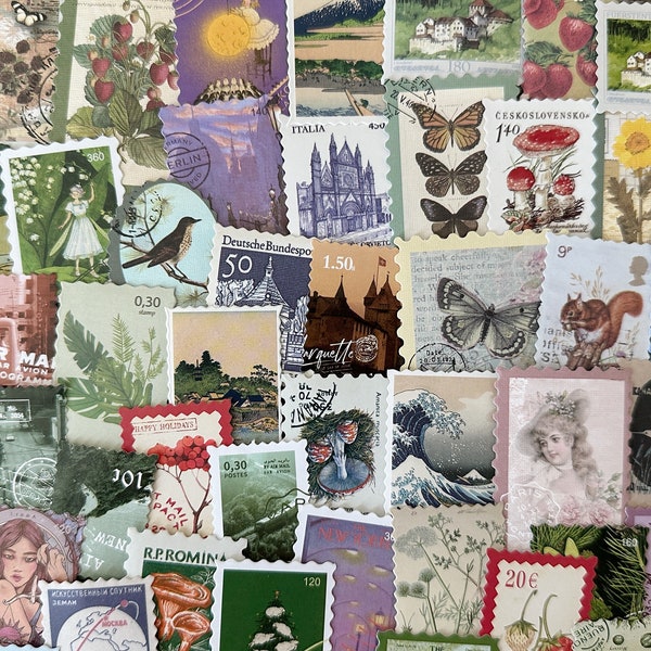 30pcs Mystery Faux Postage Stamp Sticker Grab Bag - Stamp Themed Stickers, Faux Stamp Stickers, Scrapbooking, Journaling, Penpal Supplies