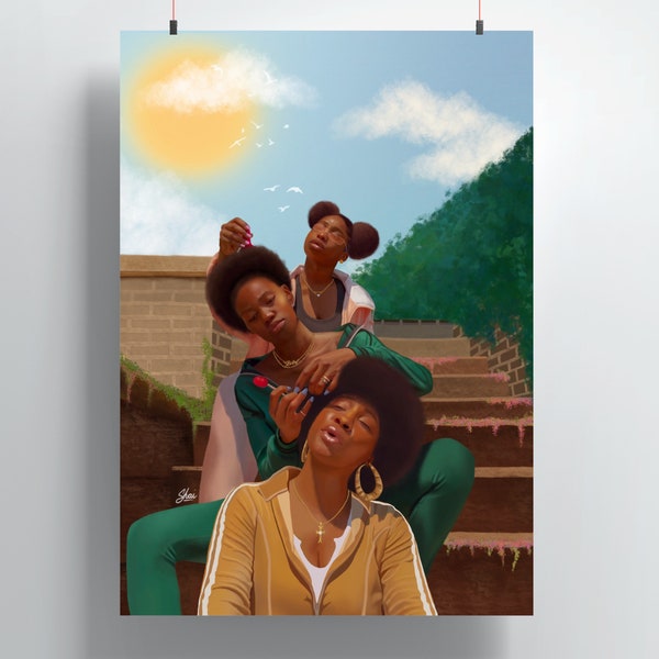 Power In The Puff | 90's Black Girl Hair Braiding Black Woman Wall Art Print