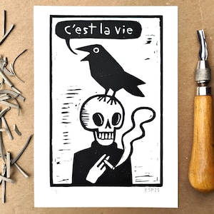 Linocut art // C'est La Vie Raven and Skeleton / handmade block print