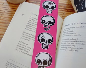 Pink Skulls Bookmark from linocut art