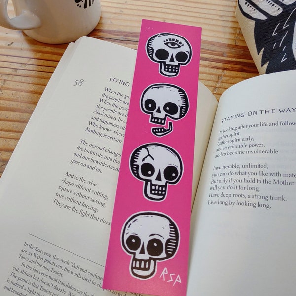 Pink Skulls Bookmark from linocut art