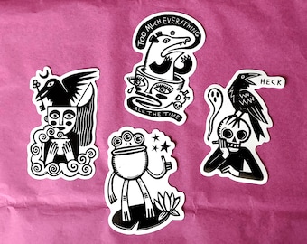 Studio RSP sticker 4 pack #1 // skull raven possum frog // whimsical witchy weird art gift