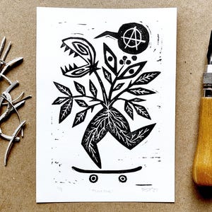 Linocut block print // Anarchist Skater Plant Punk // original handmade weird wall art