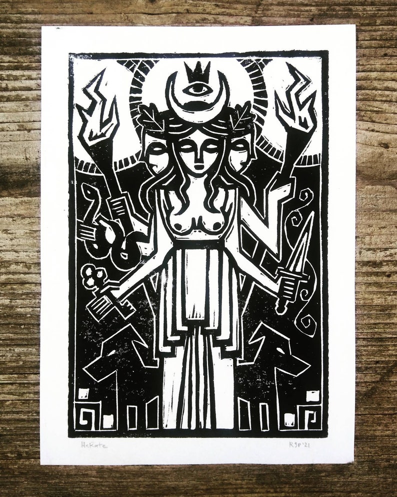 Hekate Goddess of Witches linocut print