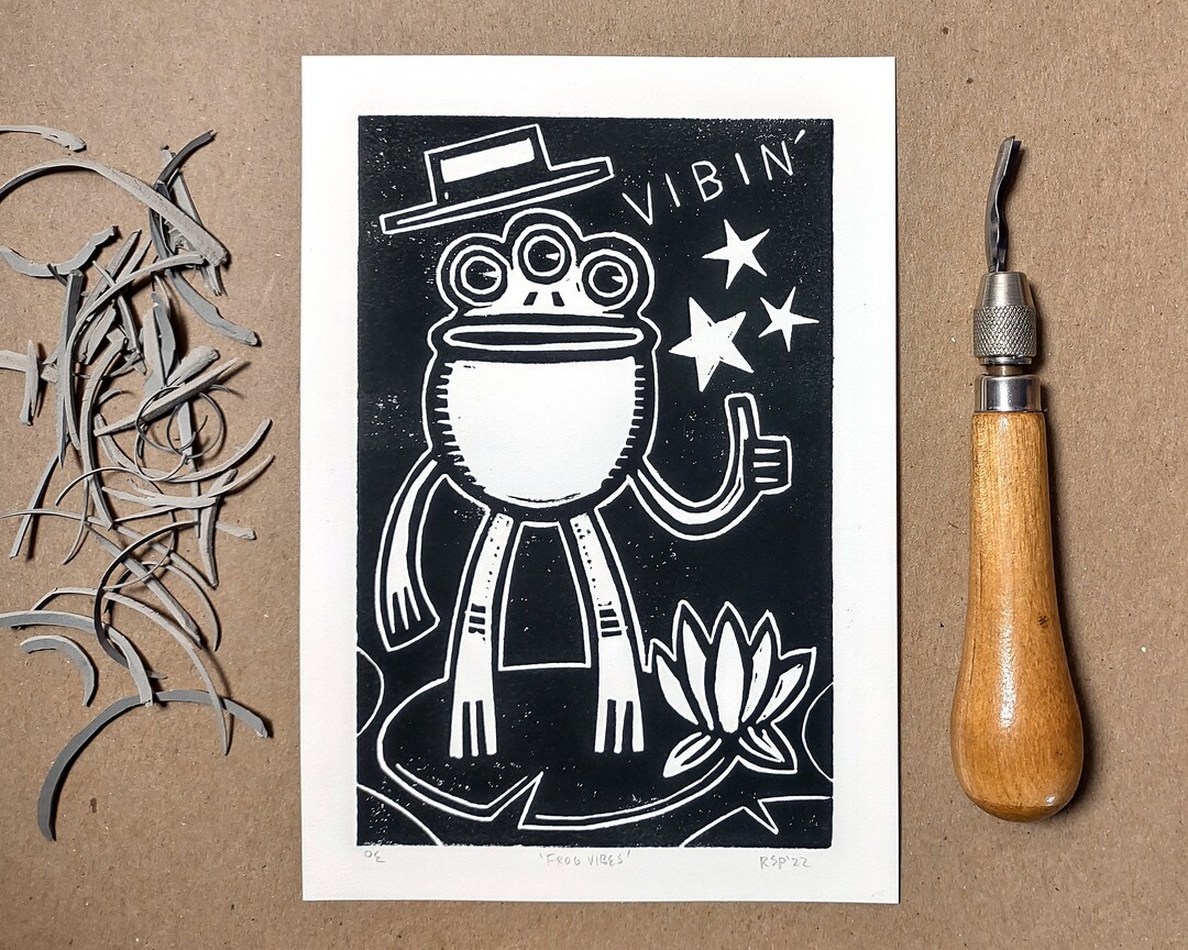 Linocut Print | Frog Vibes | Original Handmade Block Print Weird Wall ...