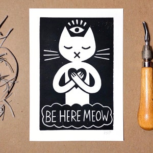 Linocut print | Be Here Meow | meditating cat | original handmade block print weird wall art