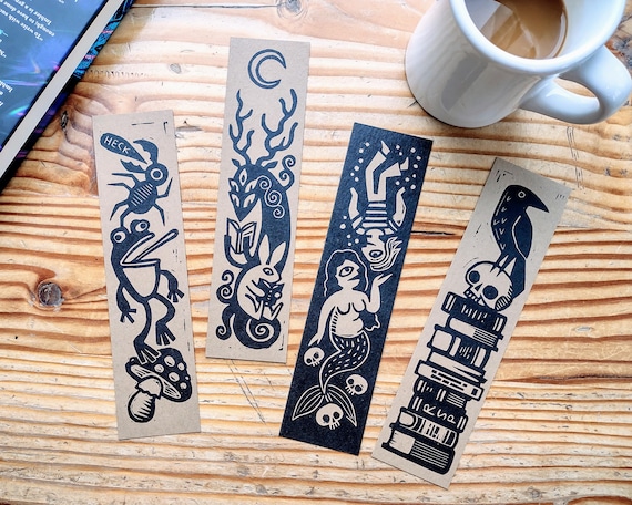 Bookmark bundle // Raven Skull Mermaid Forest Spirit Rabbit Bug Frog Mushroom // original weird art by RSP