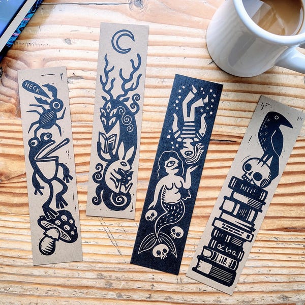 Lesezeichen Set // Rabenschädel Meerjungfrau Waldgeist Waldkaninchen Käfer Frosch Pilz // originelle Kunst von RSP
