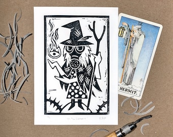 Linocut art | The Hermit tarot card | original handmade block print weird witchy decor