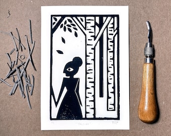 Linocut art | Yelena in the Birches | original handmade block print