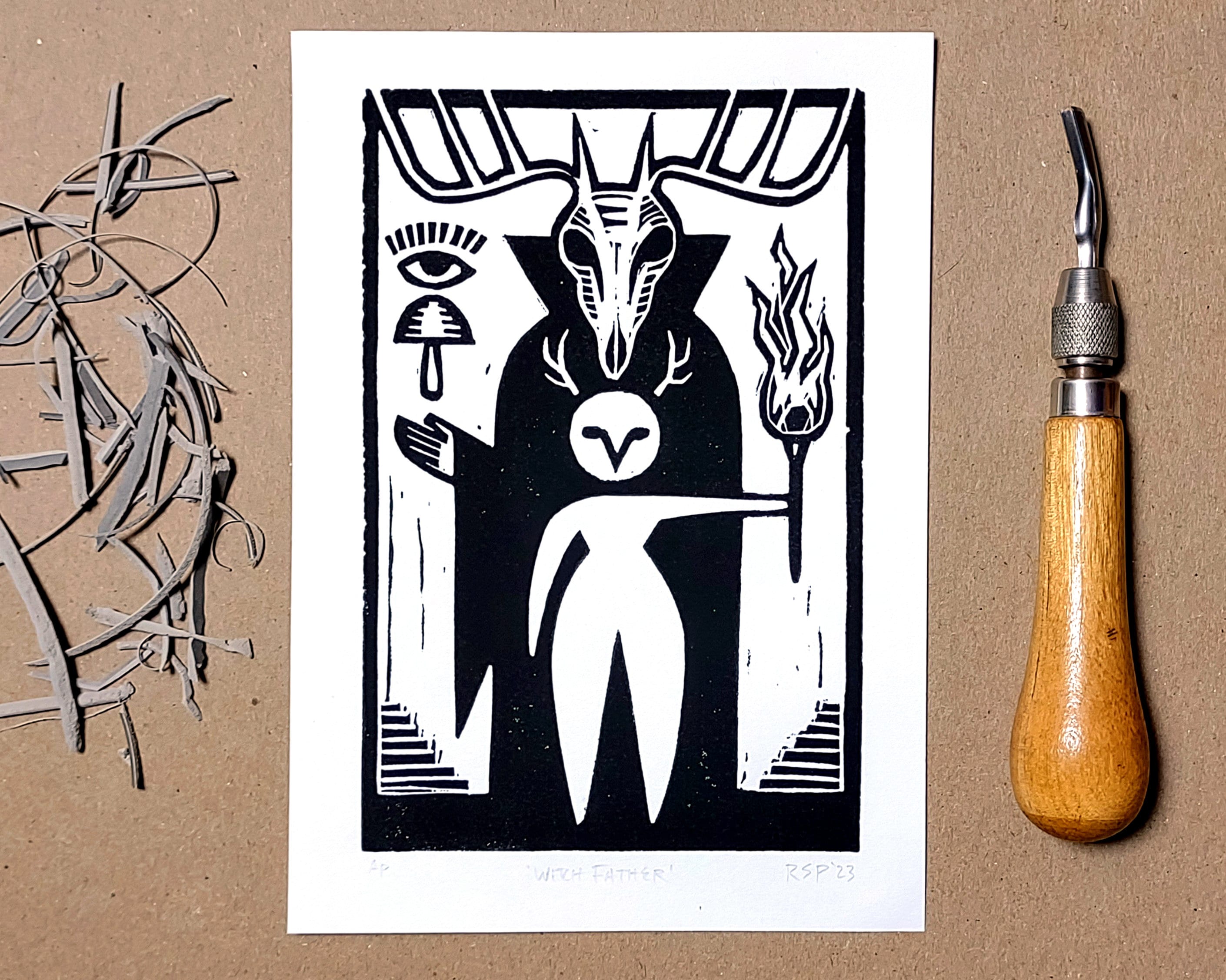Linocut print Witch Father Moon Daughter original handmade block print art