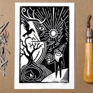 Linocut print | Grandmother Winter | Solstice Pagan Yule Reindeer Goddess Mushroom Gnome Raven Bear | original handmade art gift