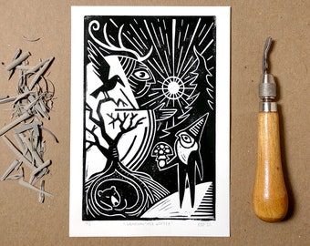 Linocut print | Grandmother Winter | Solstice Pagan Yule Reindeer Goddess Mushroom Gnome Raven Bear | original handmade art gift