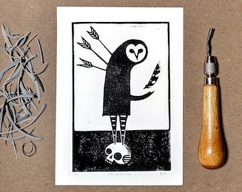 Linocut | Owl Spirit Messenger | original handmade block print weird wall art