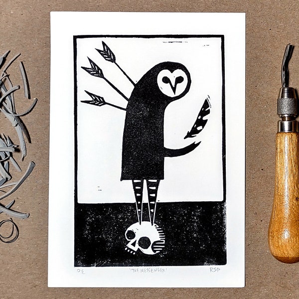 Linocut | Owl Spirit Messenger | original handmade block print weird wall art