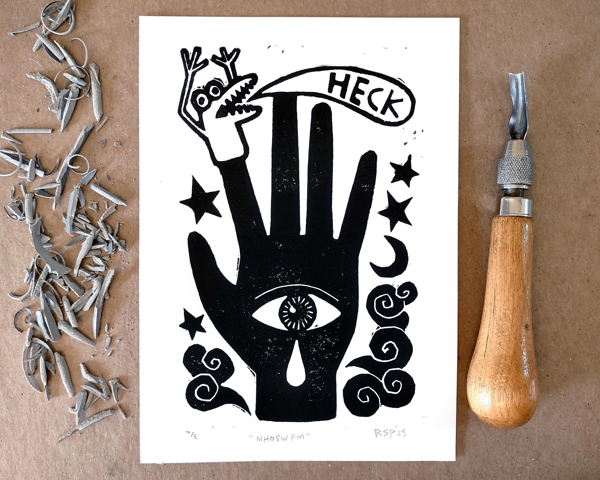 Linocut art // Mystical Hand of Sorrow with Finger Monster // original handmade block print