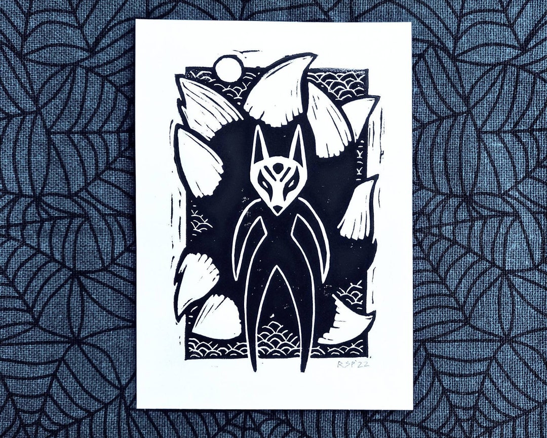 Linocut Print Kitsune Fox Spirit Original Handmade Block Print Art Etsy