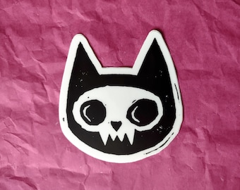 Skull Cat | 2.5" vinyl sticker | linocut design