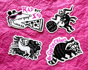 Studio RSP sticker 4-pack #2 // pizza possum gay crime raccoon devil goat magic unicorn // original queer weird art gift