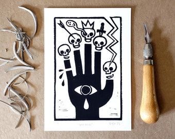 Linocut print | Bad Hand | original handmade block print weird skulls wall art