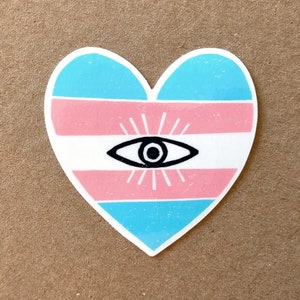 May include: A heart-shaped sticker with a transgender pride flag design. The heart is blue, pink, and white with a black eye in the center.