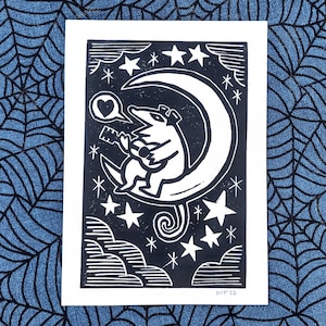 Linosnede print | Opossummaan | originele handgemaakte rare kunst