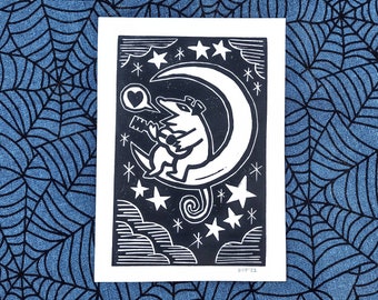 Linocut print | Possum Moon | original handmade weird art