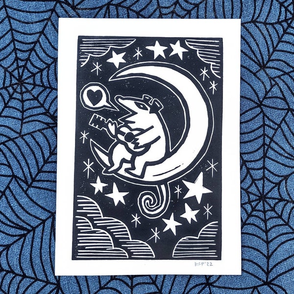 Linocut print | Possum Moon | original handmade weird art